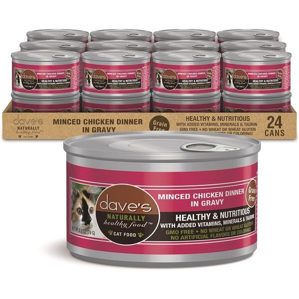 DAVE'S PET FOOD Minced Chicken Dinner in Gravy Recipe Wet Cat Food, 2.8oz can, case of 24