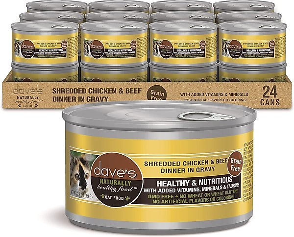 Dave's Pet Food Shredded Chicken & Beef Dinner in Gravy Recipe Wet Cat Food, 2.8-oz can, case of 24 slide 1 of 3