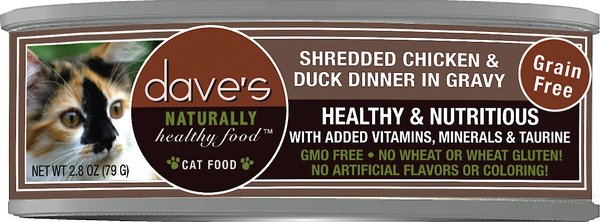Dave's Pet Food Shredded Chicken & Duck Dinner in Gravy Recipe Wet Cat Food, 2.8-oz can, case of 24 slide 1 of 3