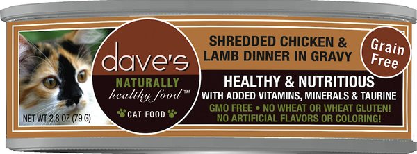 Dave's Pet Food Shredded Chicken & Lamb Dinner in Gravy Recipe Wet Cat Food, 2.8-oz can, case of 24 slide 1 of 3