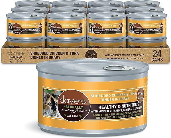 Dave's Pet Food Shredded Chicken & Tuna Dinner in Gravy Recipe Wet Cat Food, 2.8-oz can, case of 24 slide 1 of 3
