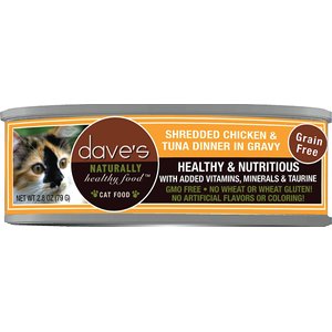 Dave's Pet Food Shredded Chicken & Tuna Dinner in Gravy Recipe Wet Cat Food, 2.8-oz can, case of 24