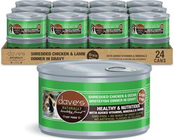 Dave's Pet Food Shredded Chicken & Ocean Whitefish Dinner in Gravy Recipe Wet Cat Food, 2.8-oz can, case of 24