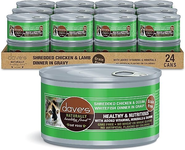 Dave's Pet Food Shredded Chicken & Ocean Whitefish Dinner in Gravy Recipe Wet Cat Food, 2.8-oz can, case of 24 slide 1 of 3