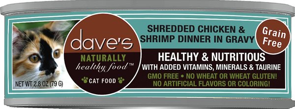 Dave's Pet Food Shredded Chicken & Shrimp Dinner in Gravy Recipe Wet Cat Food, 2.8-oz can, case of 24 slide 1 of 3
