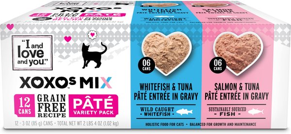I and Love and You XOXO Salmon & Whitefish Pate Grain-Free Variety Pack Canned Cat Food, 3-oz can, case of 12 slide 1 of 7