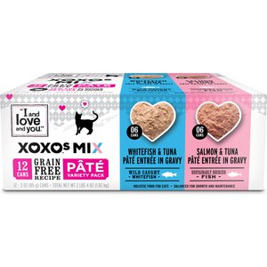 I and Love and You XOXO Salmon & Whitefish Pate Grain-Free Variety Pack Canned Cat Food, 3-oz can, case of 12