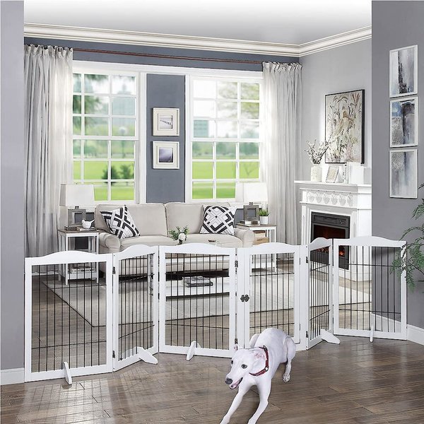 unipaws Pet Playpen with Wood kand Wire, 6 Panels Extra Wide Freestanding Walk Through Dog Gate with 4 Support Feet, Foldable Stairs Barrier Pet Exercise Pen for Dogs Cats Pets, White