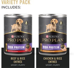 Purina Pro Plan Sport Development Puppy High Protein Beef & Rice Entrée & Chicken & Rice Entrée Variety Pack Wet Dog Food, 13-oz can, case of 12 slide 2 of 9