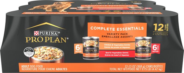 PURINA PRO PLAN Complete Essentials Variety Pack Beef Vegetable Chicken Vegetable Entree Slices in Gravy Wet Dog Food 13 oz can case of 12 Chewy