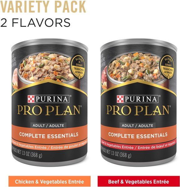 Purina Pro Plan Complete Essentials Variety Pack Beef & Vegetable & Chicken & Vegetable Entrée Slices in Gravy Wet Dog Food, 13-oz can, case of 12