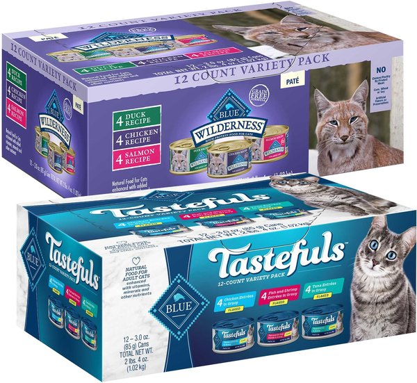 Blue Buffalo Tastefuls Tuna, Chicken, Fish & Shrimp Entrées Variety Pack Flaked Wet Food + Wilderness Pate Variety Pack Duck, Chicken & Salmon Grain-Free Cat Canned Food slide 1 of 9