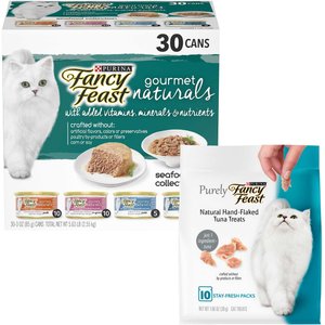 Fancy Feast Gourmet Naturals Seafood Variety Pack Canned Food + Purely Natural Hand-Flaked Tuna Cat Treats