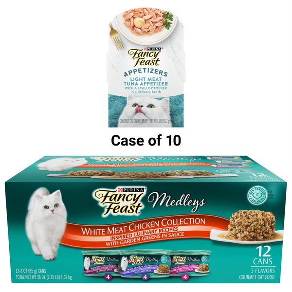 Fancy Feast Medleys White Meat Chicken Recipe Variety Collection Pack Canned Food + Appetizers Light Meat Tuna with a Scallop Topper Cat Treats slide 1 of 9