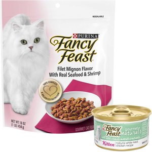 Fancy Feast Gourmet Filet Mignon Flavor with Real Seafood & Shrimp Dry Food + Gourmet Naturals White Meat Chicken Recipe Grain-Free Pate Kitten Canned Cat Food
