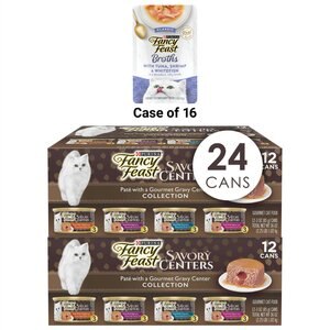 Fancy Feast Savory Centers Variety Pack Canned Food + Classic Broths with Tuna, Shrimp & Whitefish Supplemental Wet Cat Food Pouches