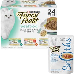 Fancy Feast Classic Seafood Feast Variety Pack Canned Food + Classic Broths with Tuna, Shrimp & Whitefish Supplemental Wet Cat Food Pouches