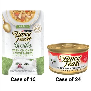 Fancy Feast Classic Tender Beef & Chicken Feast Canned Food + Classic Broths with Chicken & Vegetables Supplemental Wet Cat Food Pouches