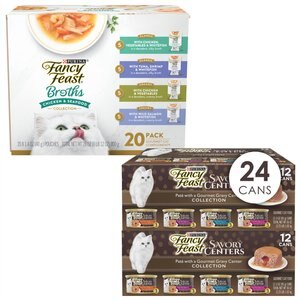 Fancy Feast Savory Centers Variety Pack Canned Food + Classic Collection Broths Variety Pack Complement Cat Food