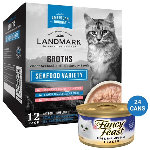 Fancy Feast Flaked Fish & Shrimp Feast Canned Food + American Journey Landmark Broths Seafood Variety Pack Wet Cat Food Complement Pouches slide 1 of 9