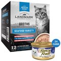 Fancy Feast Flaked Fish & Shrimp Feast Canned Food + American Journey Landmark Broths Seafood Variety Pack Wet Cat Food Complement Pouches
