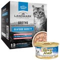 Fancy Feast Classic Ocean Whitefish & Tuna Feast Canned Food + American Journey Landmark Broths Seafood Variety Pack Wet Cat Food Complement Pouches