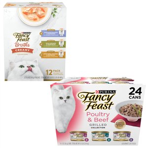 Fancy Feast Grilled Poultry & Beef Feast Variety Pack Canned Food + Creamy Collection Variety Pack Grain-Free Wet Cat Food Topper