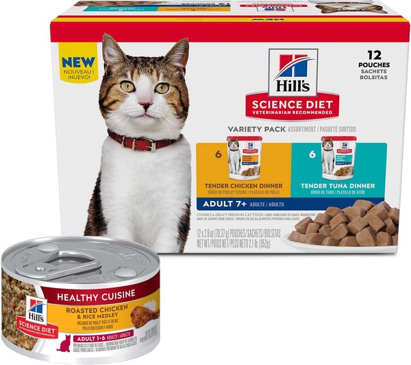 Hill's Science Diet Adult Healthy Cuisine Roasted Chicken & Rice Medley Canned Food + Adult 7+ Tender Dinner Variety Pack Cat Food slide 1 of 9