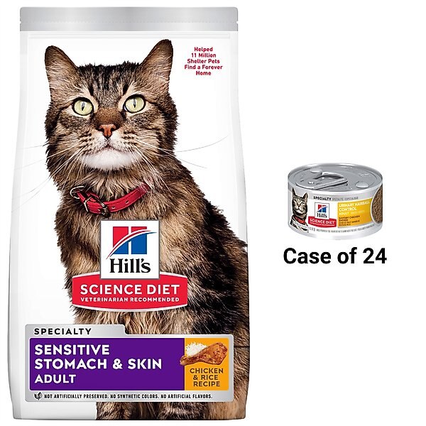 Hill's Science Diet Adult Sensitive Stomach & Skin Chicken & Rice Recipe Dry Cat Food, 15.5-lb bag + Hill's Science Diet Adult Urinary Hairball Control Savory Chicken Entree Canned Cat Food slide 1 of 9