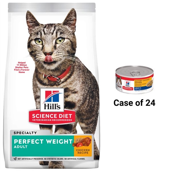 Hill's Science Diet Adult Perfect Weight Chicken Recipe Dry Cat Food, 15-lb bag + Hill's Science Diet Adult 7+ Savory Chicken Entree Canned Cat Food, 5.5-oz, case of 26 slide 1 of 9