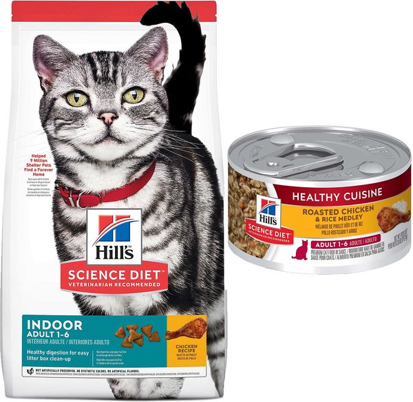 Hill's Science Diet Adult Indoor Chicken Recipe Dry Cat Food, 15.5-lb bag + Hill's Science Diet Adult Healthy Cuisine Roasted Chicken & Rice Medley Canned Cat Food, 2.8-oz, case of 26 slide 1 of 9