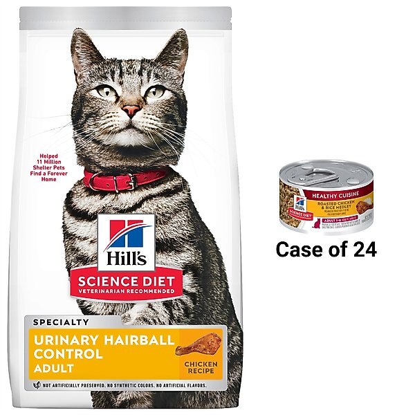 Hill's Science Diet Adult Urinary Hairball Control Dry Cat Food, 15.5-lb bag + Hill's Science Diet Adult Healthy Cuisine Roasted Chicken & Rice Medley Canned Cat Food, 2.8-oz, case of 26 slide 1 of 9