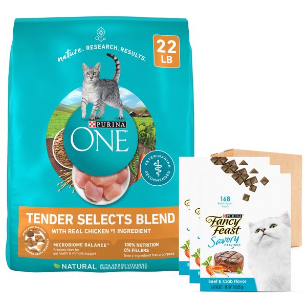 Purina ONE Tender Selects Blend with Real Chicken Dry Food + Fancy Feast Savory Cravings Limited Ingredient Beef & Crab Flavor Cat Treats slide 1 of 9