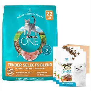 Purina ONE Tender Selects Blend with Real Chicken Dry Food + Fancy Feast Savory Cravings Limited Ingredient Beef & Crab Flavor Cat Treats