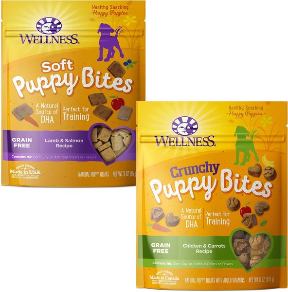 Wellness Soft Puppy Bites Lamb & Salmon Recipe + Crunchy Puppy Bites Chicken & Carrots Recipe Grain-Free Dog Treats slide 1 of 9