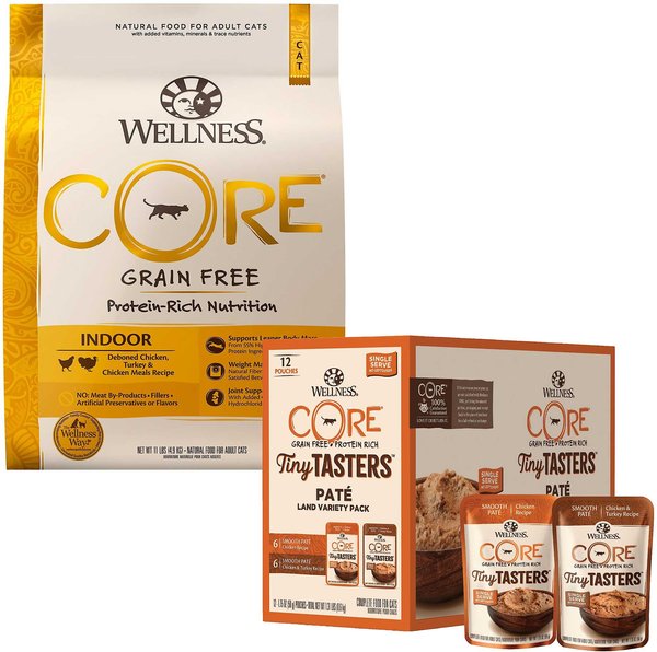 Wellness CORE Grain-Free Chicken, Turkey & Chicken Meal Indoor Formula Dry Food + Tiny Tasters Chicken, Chicken & Turkey Pate Land Variety Pack Grain-Free Cat Food Pouches slide 1 of 9