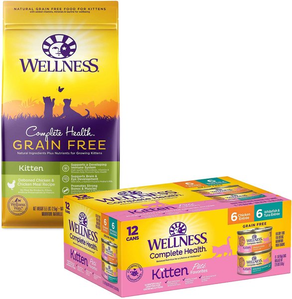 Wellness Complete Health Natural Grain-Free Deboned Chicken & Chicken Meal Dry Kitten Food + Kitten Variety Pack Grain-Free Canned Cat Food slide 1 of 9