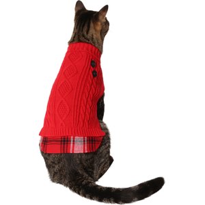 Frisco Plaid Cable Knit Dog & Cat Sweater, X-Small, Red