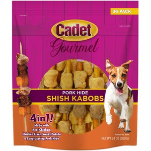 Cadet Gourmet Pork Hide Shish Kabob Chicken, Chicken Liver, & Sweet Potato Dog Treats, 36 count bag