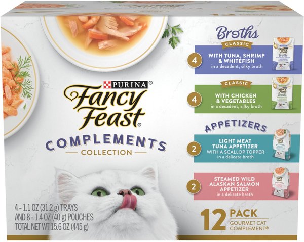 Fancy Feast Grain Free Complement Variety Pack Appetizers Broths Recipes Wet Cat Food 15.6 oz box case of 12 2 count