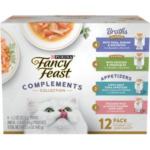 Fancy Feast Grain-Free Complement Variety Pack, Appetizers & Broths Recipes Wet Cat Food, 15.6-oz box, case of 12, 2 count