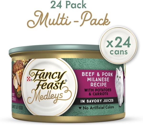 Fancy Feast Medleys Beef & Pork Milanese with Carrots & Potatoes in Savory Juices Wet Cat Food, 3-oz can, case of 24 slide 1 of 8