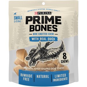 Prime Bones Natural Mini Knotted Dog Chews with Real Duck Dog Treats, 5-oz pouch