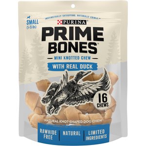 Prime Bones Natural Mini Knotted Dog Chews with Real Duck Dog Treats, 10-oz pouch