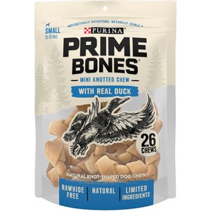 Purina Prime Bones Mini Knotted Chews Rawhide Free Real Duck Dog Treats, 16.5-oz pouch