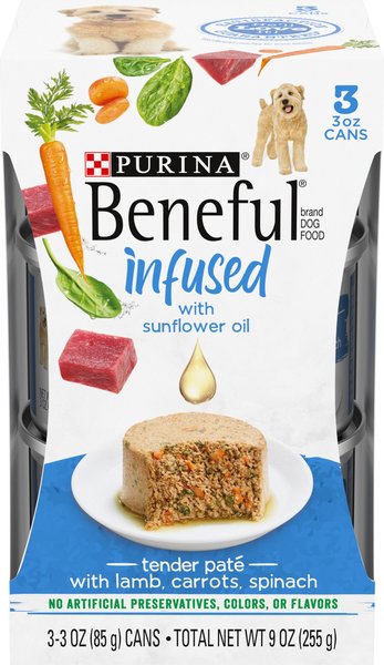 Purina Beneful Infused Pate With Real Lamb, Carrots & Spinach Wet Dog Food, 3-oz sleeve, case of 24 slide 1 of 9