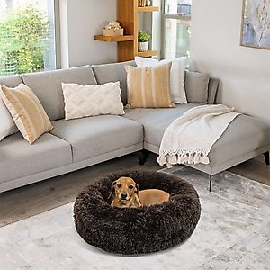 Best Friends by Sheri The Original Calming Shag Fur Donut Cuddler Cat & Dog Bed, Dark Chocolate, Small