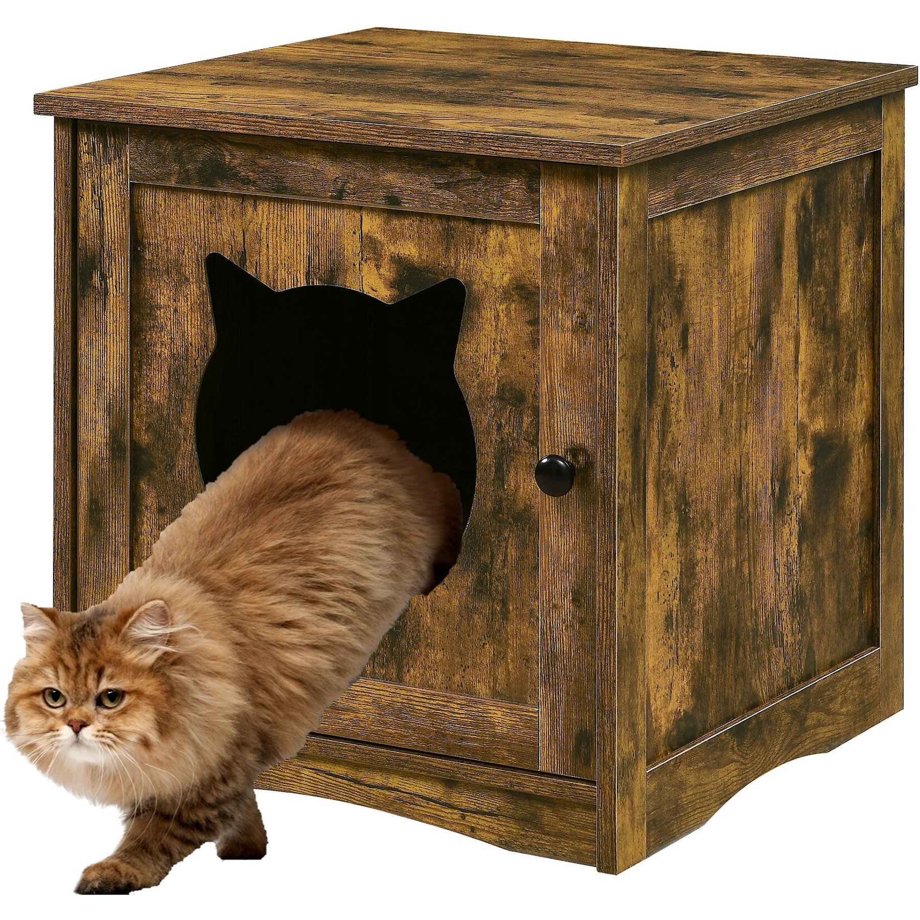 SWEET BARKS Enclosed House Side Table Cat Litter Box, Rustic Brown ...