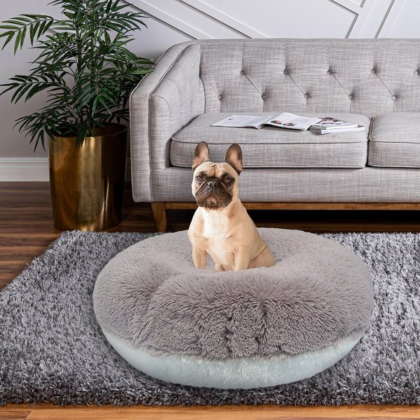 Bessie + Barnie Signature Luxury Extra Plush Faux Fur Bagel Pillow Dog Bed w/ Removable Cover, Siberian Grey & Snow White, Small slide 1 of 6