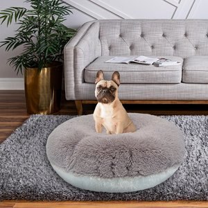 Bessie + Barnie Signature Luxury Extra Plush Faux Fur Bagel Pillow Dog Bed w/ Removable Cover, Siberian Grey & Snow White, Small